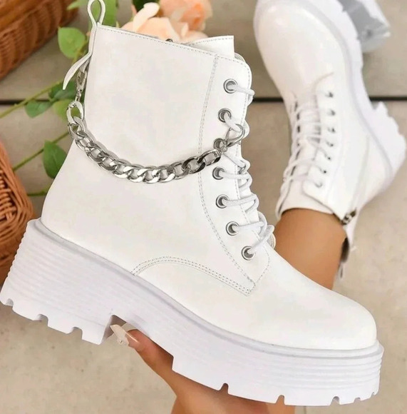Chain Decoration Lace-up Front Combat Boots For Women - Picture 1 of 6